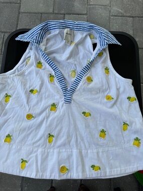 Maeve White Sleeveless Top with Yellow Lemon Embroidery and Blue Striped Collar
